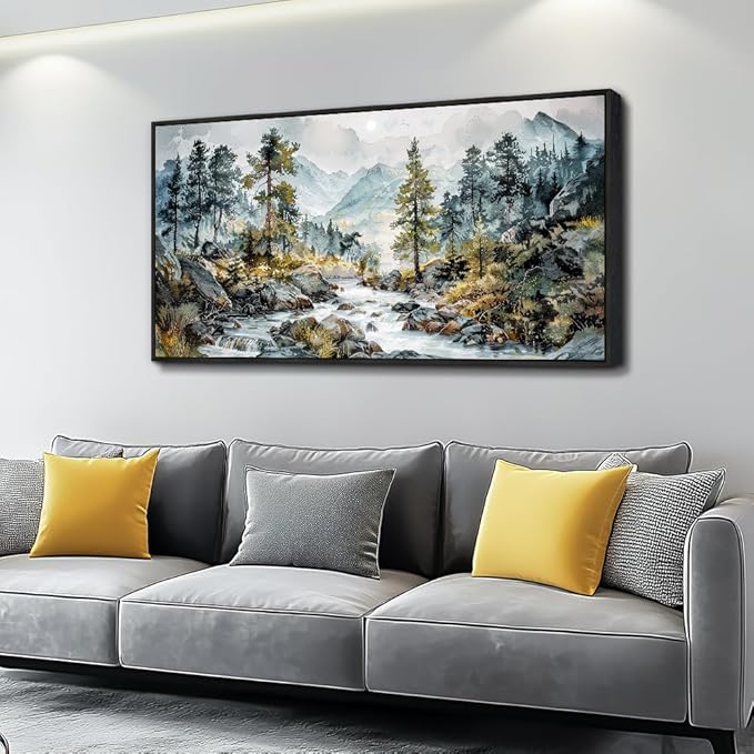 PHAOHUAXM Large Wall Art For Bedroom Wall Decor For Living Room Office Home Decoration Rivulet View Painting Forest Tree Landscape Watercolour Canvas Pictures Ready To Hang Black Framed 20x40 In-Ruum Studio Home