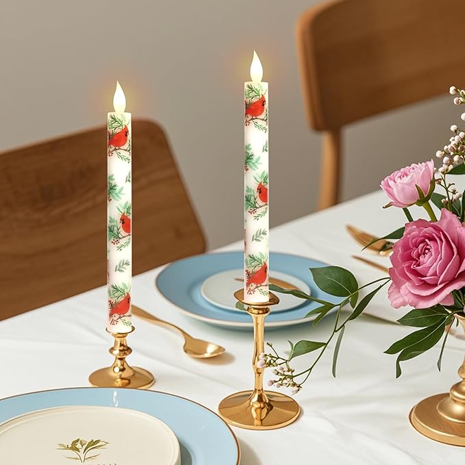 Cardinal Bird Flameless Taper Candles with Remote - Red Bird Theme LED Taper Candles for Home Xmas Holiday Party Christmas Decoration - 2PCS 9.5INCH-Ruum Studio Home