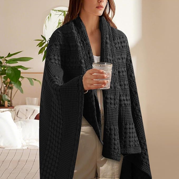 PHF 100% Cotton Waffle Weave Throw Blanket, Soft Lightweight Breathable Cozy Summer Throws for Couch Bed Sofa, Luxury Aesthetic Woven Blanket for Home Decor & Office, 50"x60", Black-Ruum Studio Home
