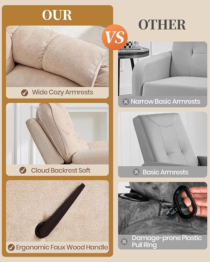 Oversized Recliner Chair Manual Swivel Rocker Recliner for Living Room Chenille Overstuffed Nursery Reclining Sofa Chair Rocking Recliners for Adults 400lbs (Manual, Beige)-Ruum Studio Home