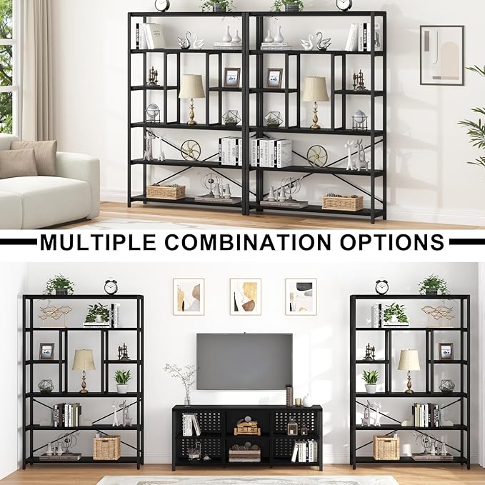 LVB 6 Tier Tall Black Bookshelf, Modern Large Wide Book Rack Storage, Industrial Wood Metal Etagere 6 Shelf Bookcase, Farmhouse Open Display Book Shelf Organizer for Bedroom Living Room Office, Black-Ruum Studio Home