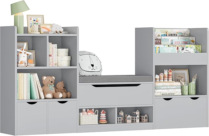 FOTOSOK 72” Kids Bookshelf with Reading Nook, Large Toy Storage Organizer with Seat Cushion and 3 Movable Drawers, Kids Reading Nook Toy Organizers and Storage with Bench for Living Room, Grey-Ruum Studio Home