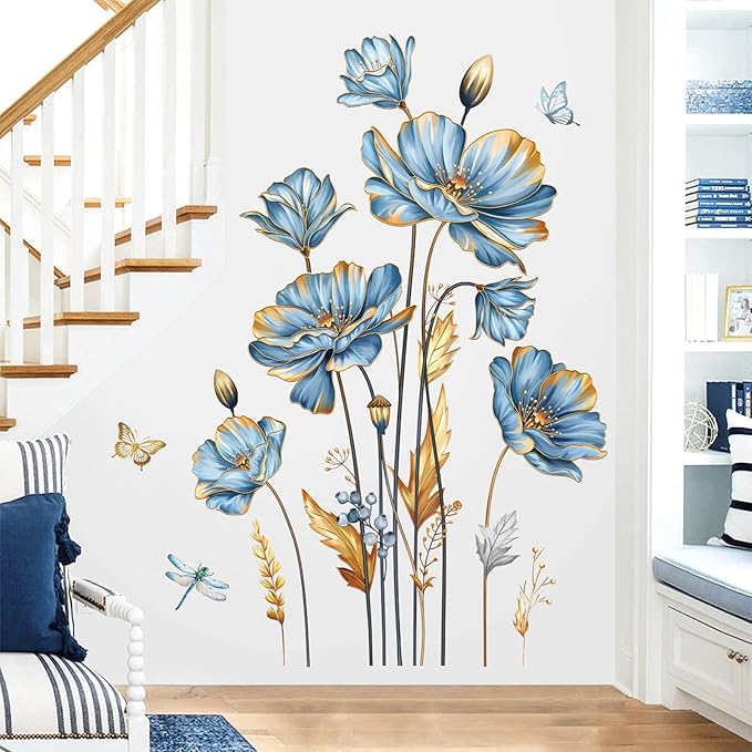 decalmile Large Blue Flower Wall Stickers Floral Butterfly Plants Gold Leaves Wall Decals Bedroom Living Room Sofa TV Background Wall Decor-Ruum Studio Home