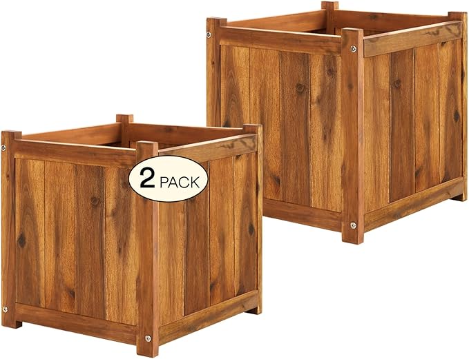 IDZO Set of 2 Acacia Wood Flower Planters for Outdoor Plants, Ergonomic Handles, Drainage Holes, Various Sizes, Ideal for Home Décor, Light Cherry-Ruum Studio Home