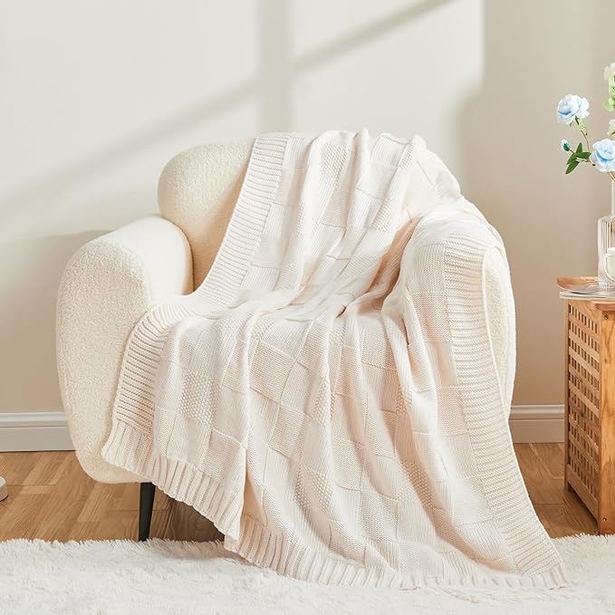 CozeCube Check Knit Throw Blanket, Cream White Checkered Throw for Couch, Decorative Christmas Soft Cozy Warm Knitted Blanket for Bed Sofa Living Room, 60"X80"-Ruum Studio Home