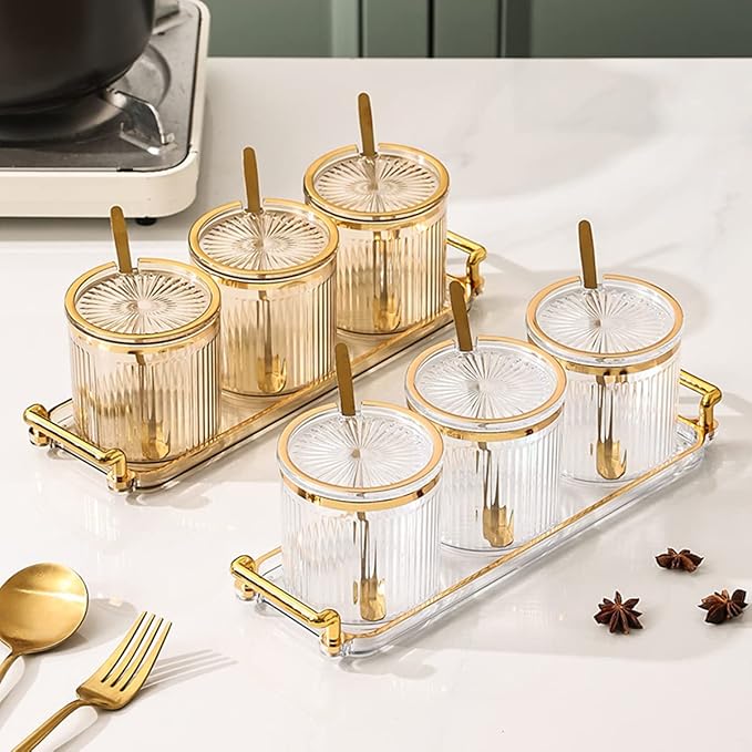 Acrylic Condiment Spice Jars,Condiment Spice Box With Lids and Spoons and Tray,Clear Plastic Condiment Canisters,Seasoning Box 4 Pack,Seasoning Box Set for Kitchen to Storage Salt,Paprika,Sugar-Ruum Studio Home