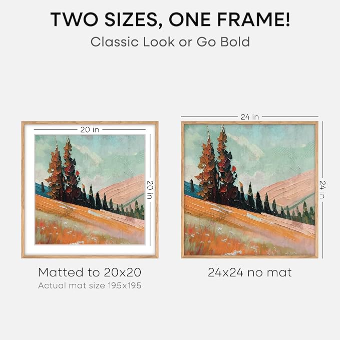 Homeforia 24x24 Wood Picture Frame, High End Natural Oak 24 x 24 Square Light Wooden Poster Frame with Mat 20 by 20 Photo, 24by24 Large Frames Matted to 20x20 Print, Tempered Glass, Wall Kit, Set of 1-Ruum Studio Home