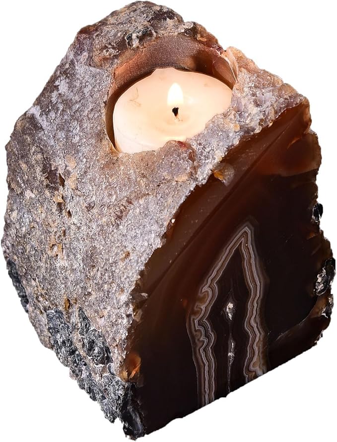 AMOYSTONE Agate Candle Holder Multi-Functional Décor 1-1.5lb Pillar Candles & Makeup Brush Storage | Irregular Half-Cut Design | Meditation Desk Accent | Spiritual Starter Gift-Ruum Studio Home