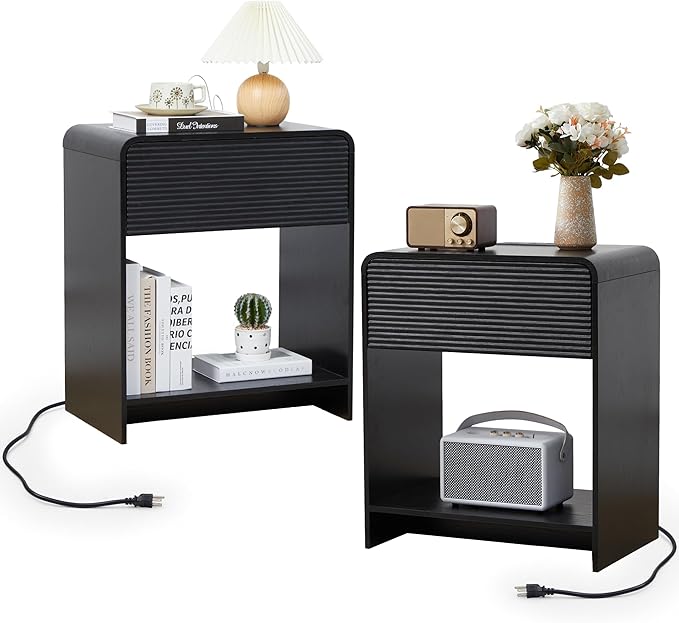 Fluted Nightstand Set of 2 with Charging Station, Modern Bed Side Table End Table with Drawer Storage, Large Wooden Night Stands Bedside for Bedroom Living Room Sofa Office, Black 2 Sets-Ruum Studio Home
