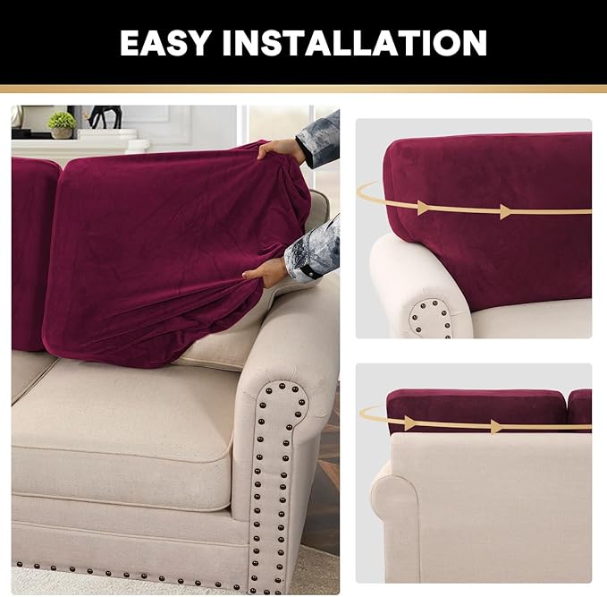 PrinceDeco Velvet Cushion Covers for Sectional Couch, 3 Back Cushion, Burgundy-Ruum Studio Home