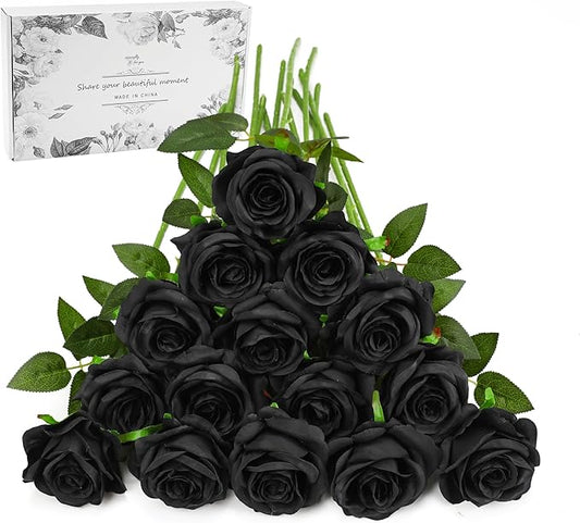 Black Fake Roses Artificial Flowers - 16 Pcs Fake Artificial Roses Silk Flowers with Stems for Home Wedding Hotel Office Centerpiece Decor-Ruum Studio Home