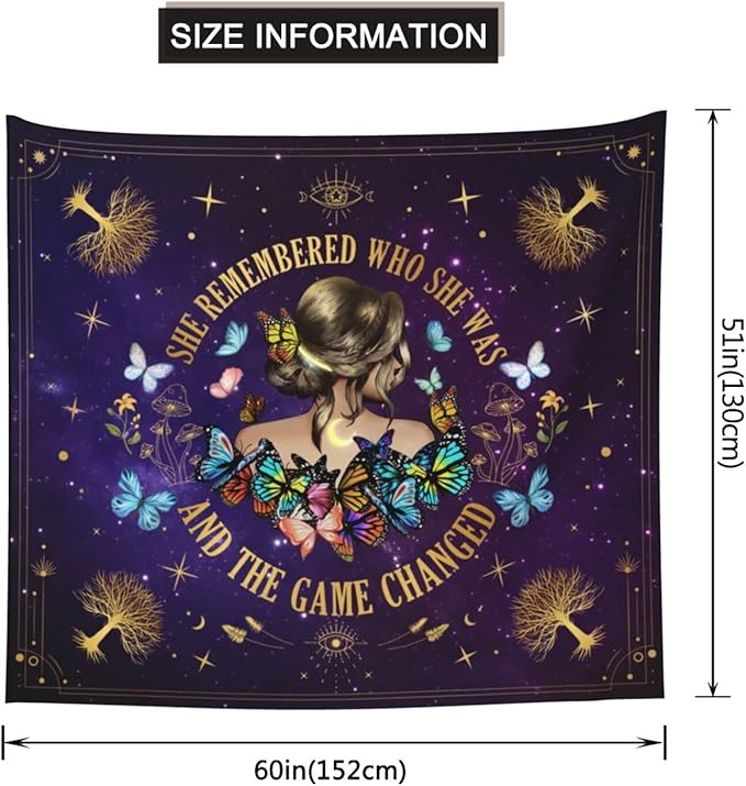 Inspirational Quote Tapestry She Remembered Who She Was And The Game Changed Positive Quotes Wall Decor,Uplifting Encouragement Gifts Inspirational Gift for Women Girls Tapestry for Bedroom 60"x50"-Ruum Studio Home