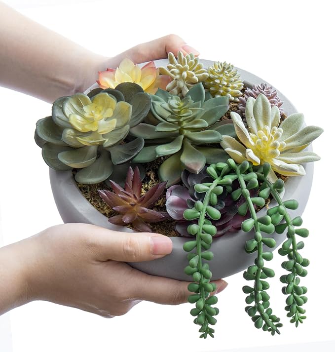 MyGift 8 Inch Round Modern Artificial Succulent Arrangement Potted in Gray Concrete Plant Bowl, Assorted Faux Mini Succulents in a Decorative Planter Pot-Ruum Studio Home