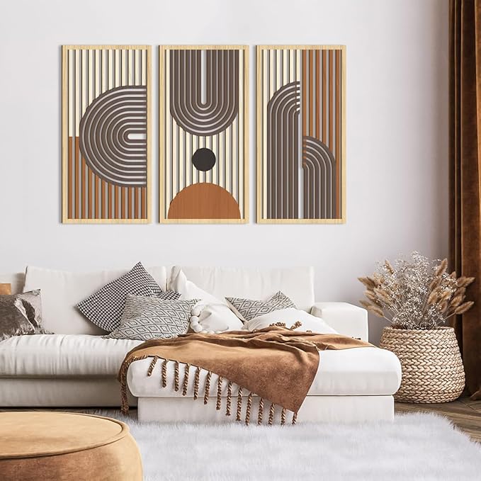 IARTTOP Mid century Modern Decor 16x32 Inch Large Boho Wood Wall Art Abstract Wooden Wall Decor Minimalist Bohemian Orange Artwork for Living Room Bedroom Office Set of 3-Ruum Studio Home