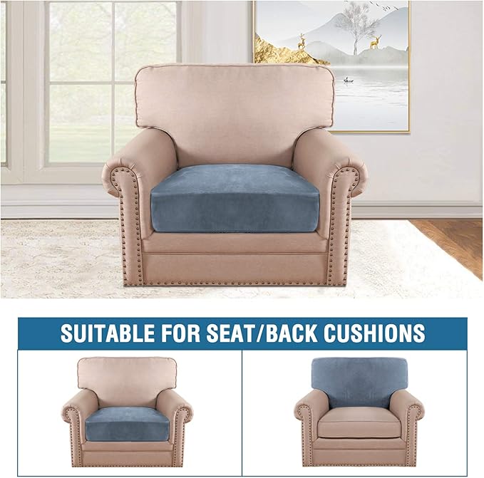 H.VERSAILTEX Velvet Stretch Couch Cushion Cover Plush Cushion Slipcover for Chair Cushion Furniture Protector Seat Cushion Sofa Cover (1 Piece Armchair Cushion Covers, Stone Blue)-Ruum Studio Home