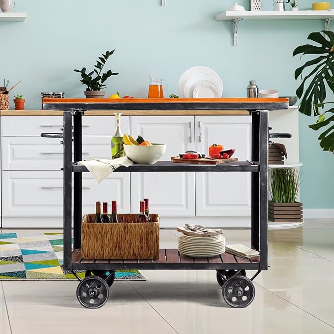 Diwhy Industrial 3 Tier Rolling Utility Storage Cart Wine Beverage, Metal Wine Rack with Wheels Kitchen Bar Dining Room Tea Wine, Storage Cart with Wood-Ruum Studio Home