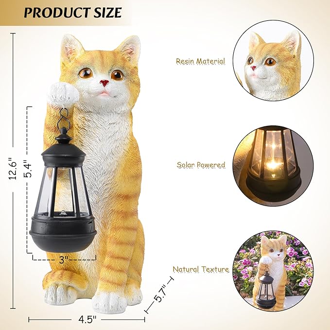 Solar Powered Outdoor Cat Garden Statue, Crafted Garden Sculptures & Statues for Patio, Yard, Lawn, Gardening Gifts for Women and Mom(11" Cat)-Ruum Studio Home