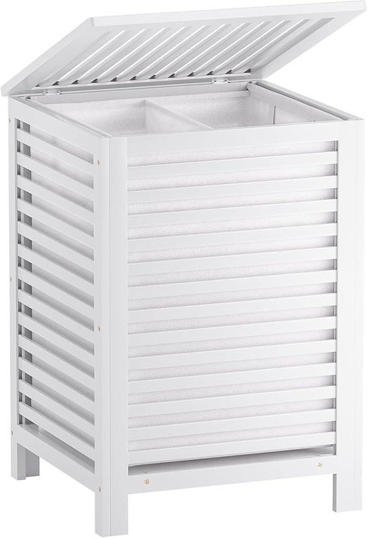 SMIBUY Double Laundry Hamper with Lid, 120L Bamboo Laundry Basket with Removable Liner Bag, 2-Section Clothes Divider Laundry Sorter for Laundry Room, Bathroom, Bedroom (White)-Ruum Studio Home