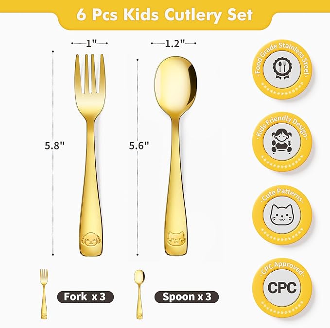 DRKIO Stainless Steel Toddler Utensils Set - 6 Pieces Kids Silverware Set Children Safe Food Grade Small Forks and Spoons Dishwasher Safe Mirror Polished-Ruum Studio Home