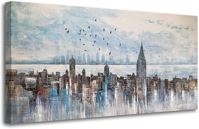 Arjun Cityscape Wall Art New York City Skyline Buildings Picture Modern Abstract Grey NYC Skyline Birds City View Painting Framed Artwork for Bedroom Living Room Home Office Decor Extra Large 58"x29"-Ruum Studio Home