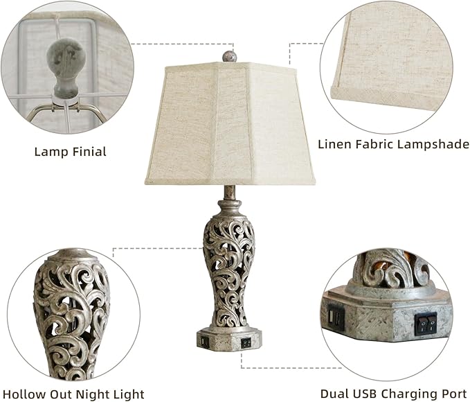Vintage Table Lamps Set of 2 for Living Room Bedroom, 2 USB Ports 25'' Rustic Farmhouse Desk Lamp with Nightlight, Iron Gray Hollow Out Resin Lamp for End Table (Bulbs Included)-Ruum Studio Home