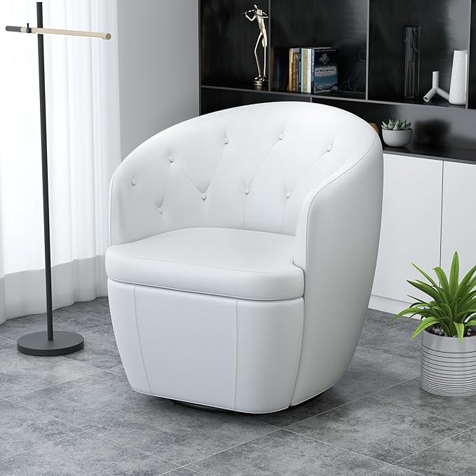 360° Swivel Leather Accent Chair, Modern Barrel Club Chair with Leather Upholstery and Sturdy Base, Comfortable Armchair for Living Room, Bedroom, Reading Nook, White-Ruum Studio Home