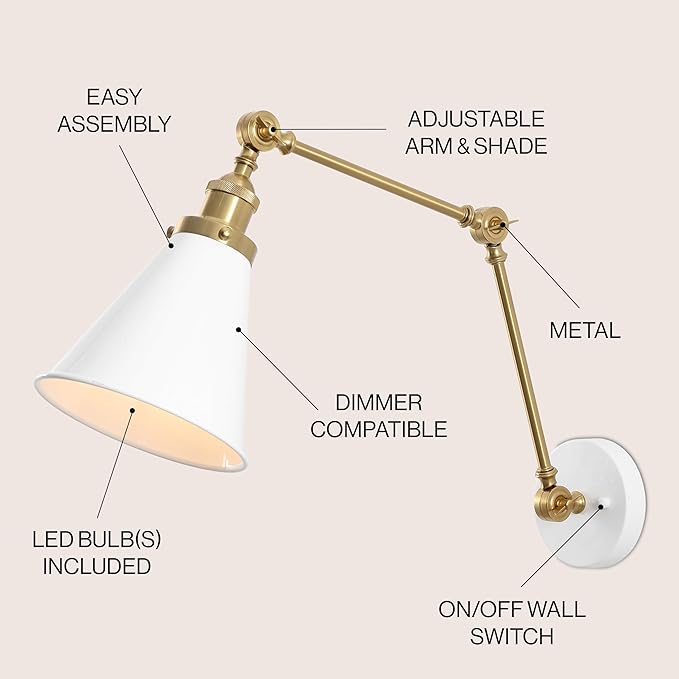 JONATHAN Y JYL7462B Rover 7" Classic Industrial Metal Adjustable Arm LED Wall Sconce, White/Brass Gold for Bedroom, Bathroom, Vanity-Ruum Studio Home
