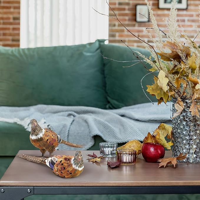 Nature Vibe Feathered Pheasant Decor Set of 2,Simulation Woodland Animals Figurines with Natural Pheasant Feathers as Fall Home Decor or Gifts for Autumn Harvest Festival-Ruum Studio Home