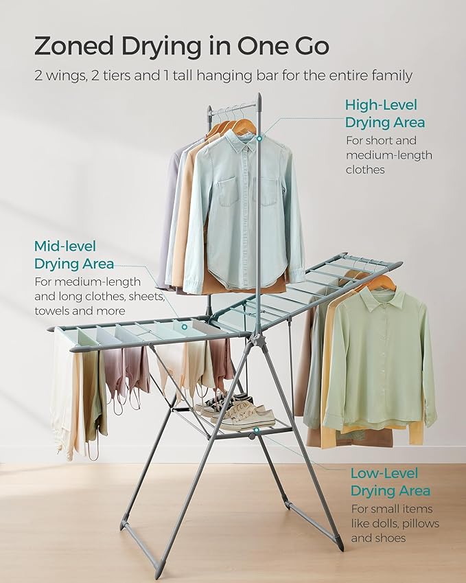 SONGMICS Clothes Drying Rack, Foldable 2-Level Laundry Drying Rack, Free-Standing Airer, 1 Additional Tall Hanging Bar, 2 Height-Adjustable Wings, 24 Drying Rails, Space Savng, Gray ULLR521G01-Ruum Studio Home