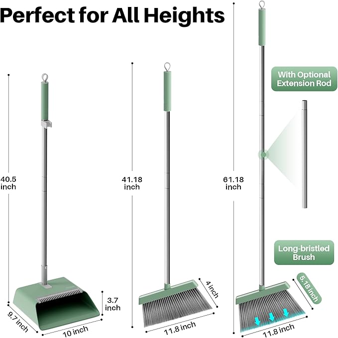 JOYMOOP Dark Teal Green Broom and Dustpan Set with 56” Handle, Upright Angle with Comb Teeth for Pet Hair and Hardwood Floors-Ruum Studio Home