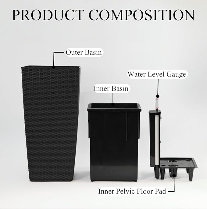 30in Tall Large Plant Pots Planter-Self-Watering Indoor/Outdoor Planting with Drain Holes, Water Level Monitor, Inner Bucket for Front Porch Patio, Black Large-Ruum Studio Home