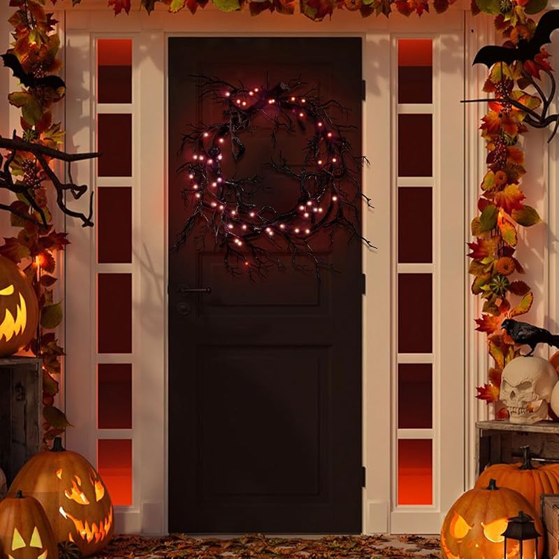 Halloween Black Branch Wreath Signs for Front Door with Red Lights,Handcrafted Halloween Horror Wreath for Indoor Outdoor Party Window Wall Decor Farmhouse Garland Yard-Ruum Studio Home