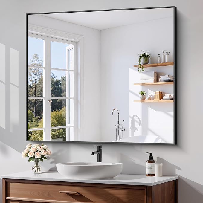 Black Bathroom Mirror for Wall, 36x40 Inch Rectangle Mirrors with Metal Frame, Modern Rectangular Wall Mirror for Bathroom Living Room, Entryway Hangs Horizontal or Vertical-Ruum Studio Home
