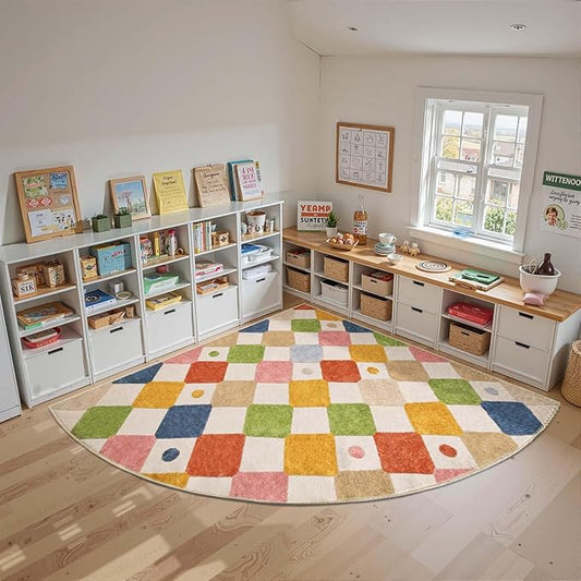 jinchan Kids Rug for Classroom 7ft Radius Corner Washable Area Rug Modern Colorful Quarter Circle Rug Soft Non-Slip Carpet for Nursery Playroom Daycare Reading Nook Living Room Circus on Cream-Ruum Studio Home