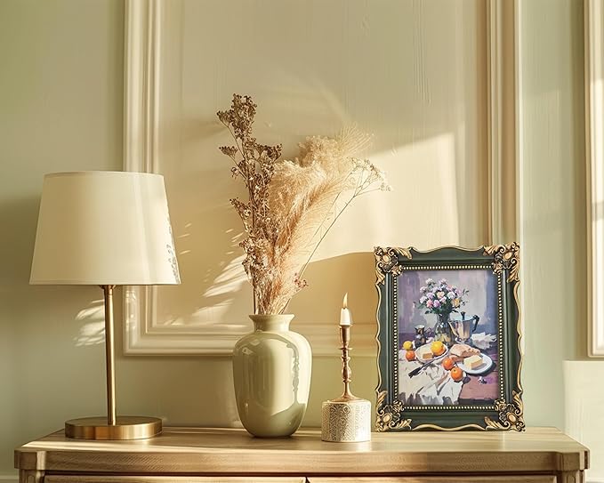 8x10 Vintage Picture Frame with Embossed Flower Design, Green Ornate Frame for 8x10 or 5x7 Pictures with White Mat, Hand-Crafted Resin Antique Frames for Tabletop & Wall Hanging, Home Decor (Green )-Ruum Studio Home