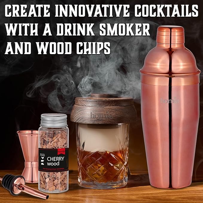 Bartender Kit with Whiskey Smoker - 13 pcs, Bamboo Stand - Bar Set with Cocktail Shaker, Bartending Kit with Essential Bar Accessory Tools, Wood Chips, Pink Gold-Ruum Studio Home