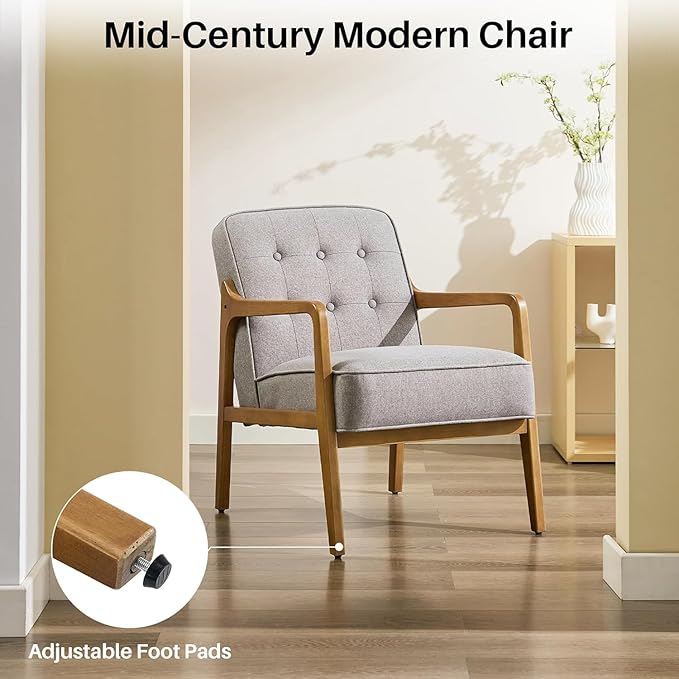 Linen Accent Chair Set of 2, Mid Century Modern Chair for Living Room, Upholstered Comfy Lounge Armchair with Solid Wood Frame, Reading Side Chair for Bedroom,105°Ergonomic Comfort, Grey-Ruum Studio Home