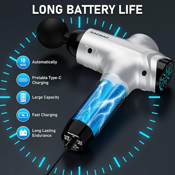 RAEMAO Massage Gun, Handheld Electric Deep Tissue Muscle Massager for Athletes for Pain Relief Attaching 8 Replacement Heads, Percussion Massager with 10 Speeds, Father's Day Gifts, Silver-Ruum Studio Home