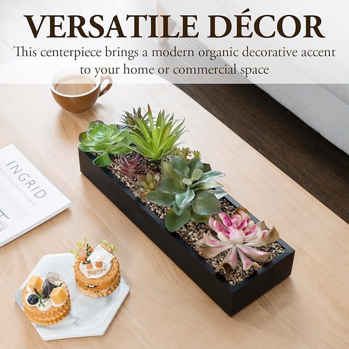MyGift Artificial Assorted Succulent Arrangement in Rectangular Black Wood Planter Box, Fake Plant Decor-Ruum Studio Home