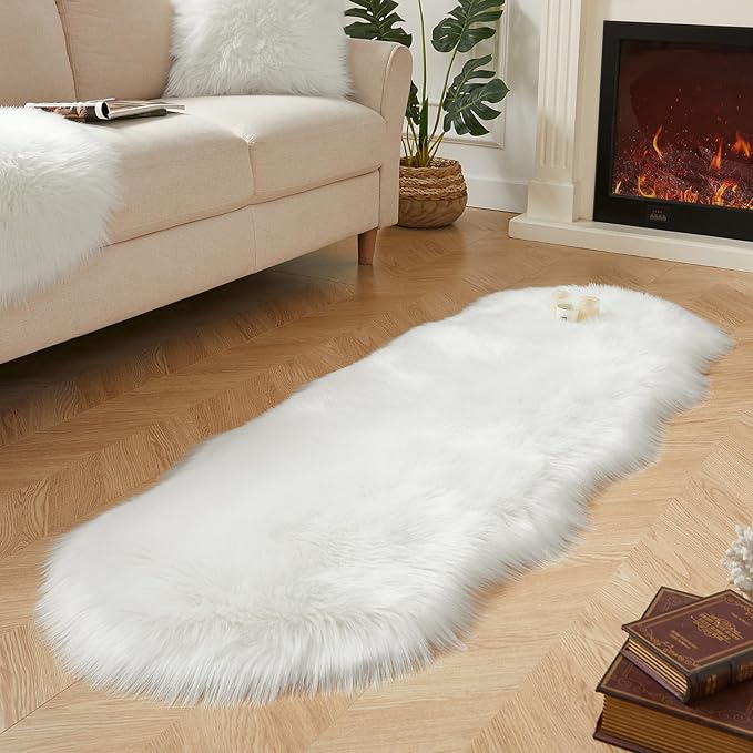 AMTOVO Faux Sheepskin Rug, White Ultra Soft Fluffy Shag Area Rug, 2 x 6 ft Faux Fur Rug for Bedroom Sofa Throw Cushion Room Decor, Sheepskin-Ruum Studio Home