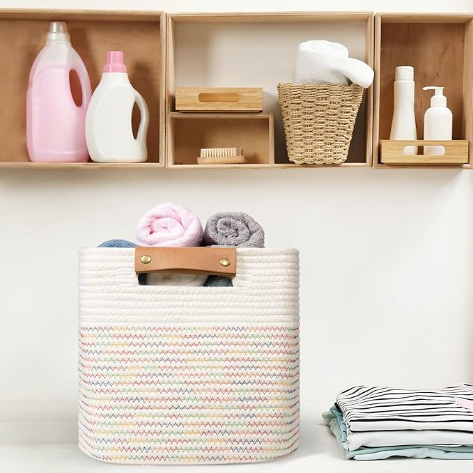 danpinera 11"x11" Storage Cubes, Soft Boho Storage Basket with Neat Stitching, 3-Pack Cube Storage Organizer, Woven Baskets for Storage in Living Room, Kids Room, Bedroom, Rainbow-Ruum Studio Home