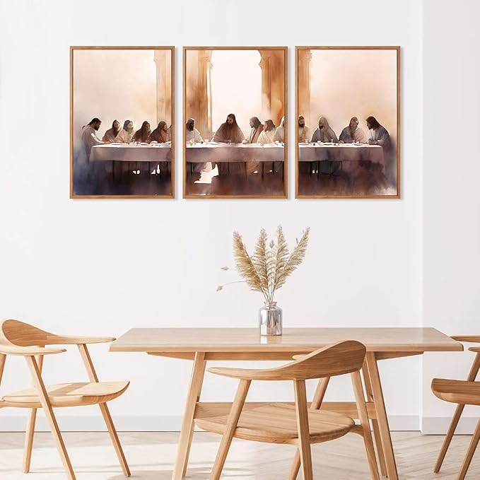 Aurlan Jesus Last Supper Bible Story Wall Art(16"x24"), 3PCS Boho Christ Christian Easter Gifts Canvas Artwork, Neutral Spiritual Religious Faith Decor Prints for Office Home-Ruum Studio Home