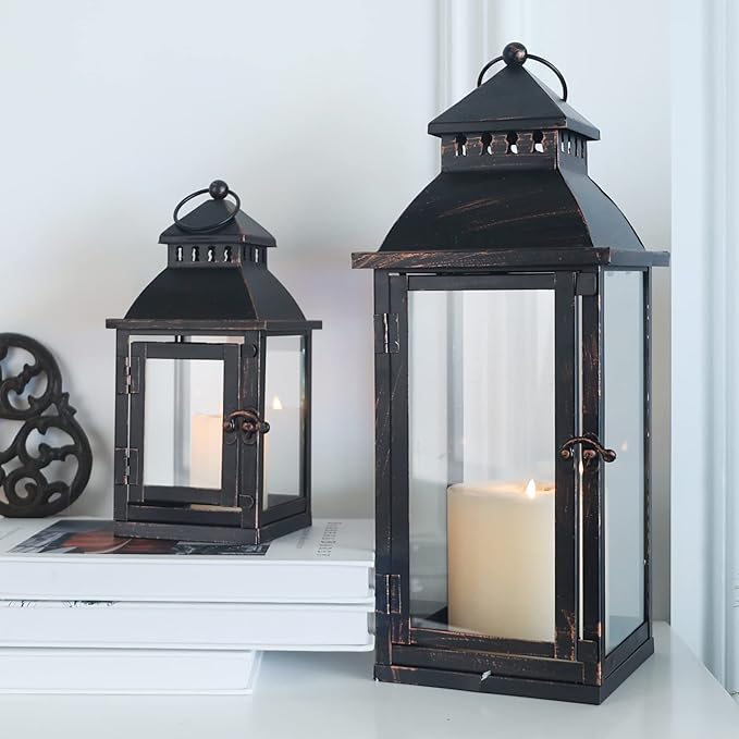 NEEDOMO Lanterns Decorative Outdoor&Indoor, Set of 2 Large Bronze Metal Lantern Decor with Glass, Candle Holder for Porch, Patio, Garden, Balcony, Wedding, Table Centerpiece Decorations-Ruum Studio Home