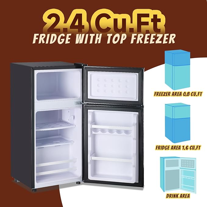 2.4 Cu.ft Mini Fridge with Freezer Compact Fridge Refrigerator Dual Door Small Fridge Senven Temp Gear Removable Shelves Dark Grey-Ruum Studio Home