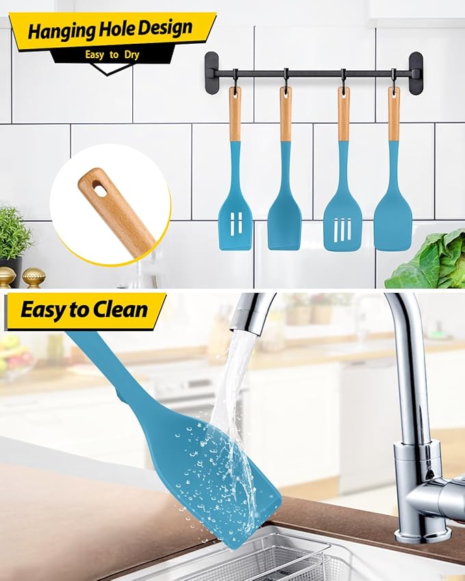 Pack of 4 Silicone Kitchen Utensils Set, Non Stick Solid Spatulas and Heat Resistant Slotted Spoons with Wooden Handle, Ideal BPA Free Cooking Utensils for Mixing,Serving,Turning,Stirring(BLUE)-Ruum Studio Home