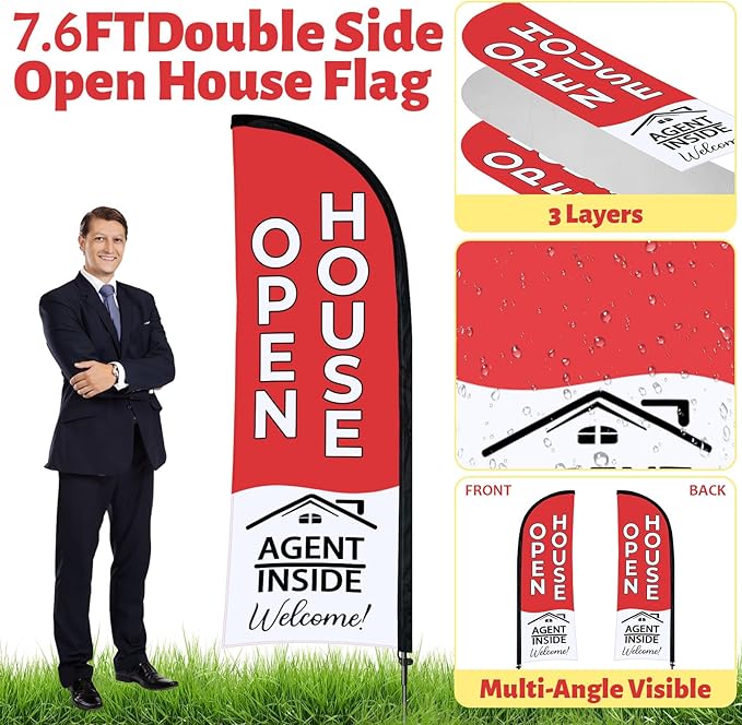 44 Pcs Open House Signs for Real Estate Agent Supplies, Double Sided Open House Flag with Poles Kit, 7.6 x 5.4 Ft Red Opening Sign Banner Set, 5 Pack Yard Signs with Metal Stakes 30 Balloons-Ruum Studio Home