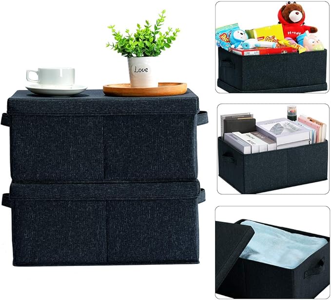 HOONEX Linen Foldable Storage Bins with Lids, 2 Pack, Storage Boxes with Carrying Handles and Sturdy Heavy Cardboard, 16.5" L x 11.8" W x 7.5" H for Shoes, Books, Clothes, Nursery, Dark Grey-Ruum Studio Home