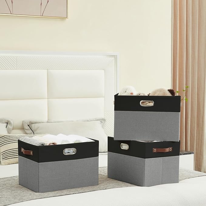 Large Collapsible Fabric Storage Bins with 3 Handles, Foldable Organizer Baskets for Closet, Shelves, Living Room | 3 Pack, Durable PU & Metal Handles (17"x11.8"x11.8", Black & Gray)-Ruum Studio Home
