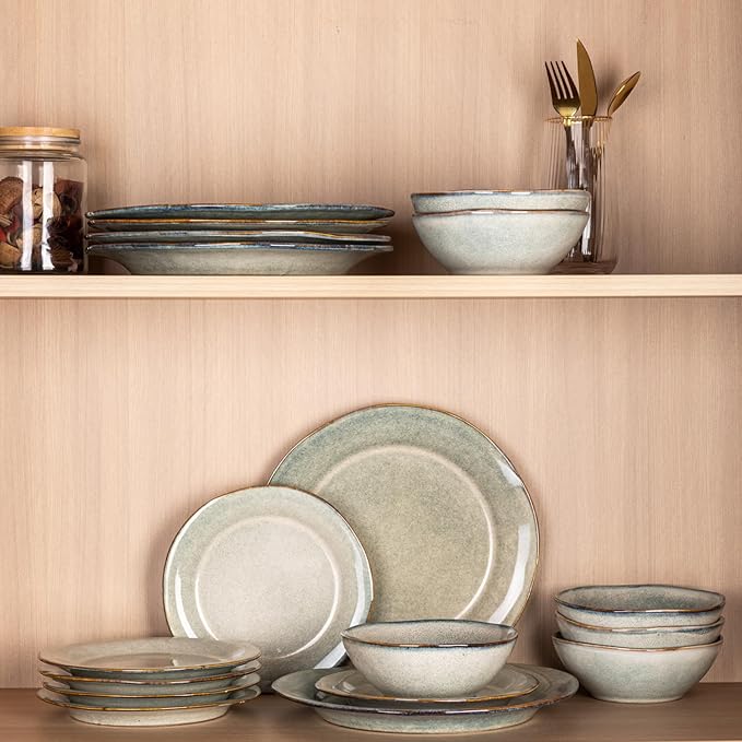 AmorArc Ceramic Dinnerware Sets, Handmade Stoneware Reactive Glaze Plates and Bowls Set, Scratch Resistant | Dishwasher & Microwave Safe Dishes Set, Service for 4 (12pc)-Ruum Studio Home