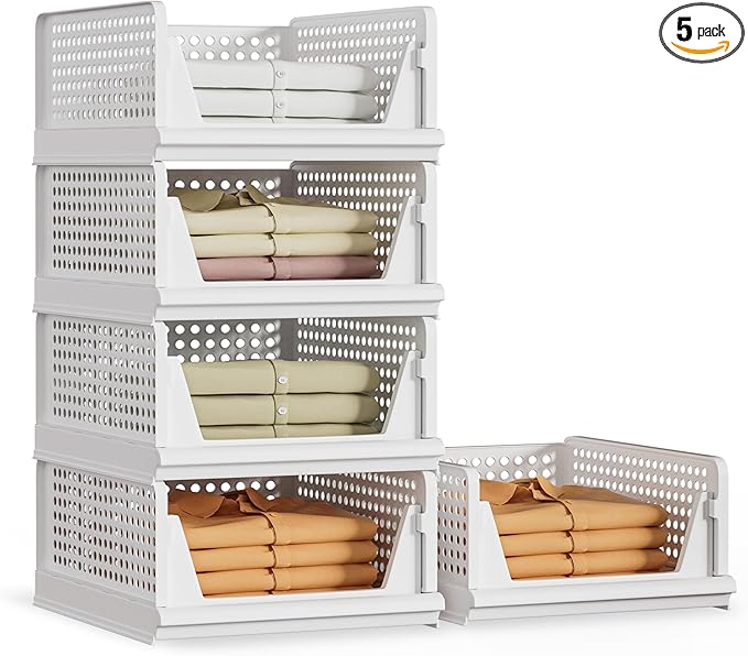 5 Pack Stackable Plastic Storage Basket Closet Organizer Bin Foldable Clothes Organizer Storage Drawer Shelf Container for Living Room Bathroom Kitchen Office (5L)-Ruum Studio Home